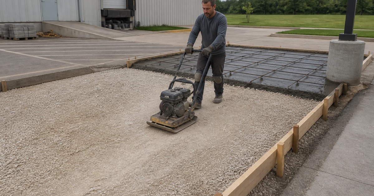 A plate compactor being walked across flexible base for a commercial concrete dumpster pad in Leander, the poured apron alongside.