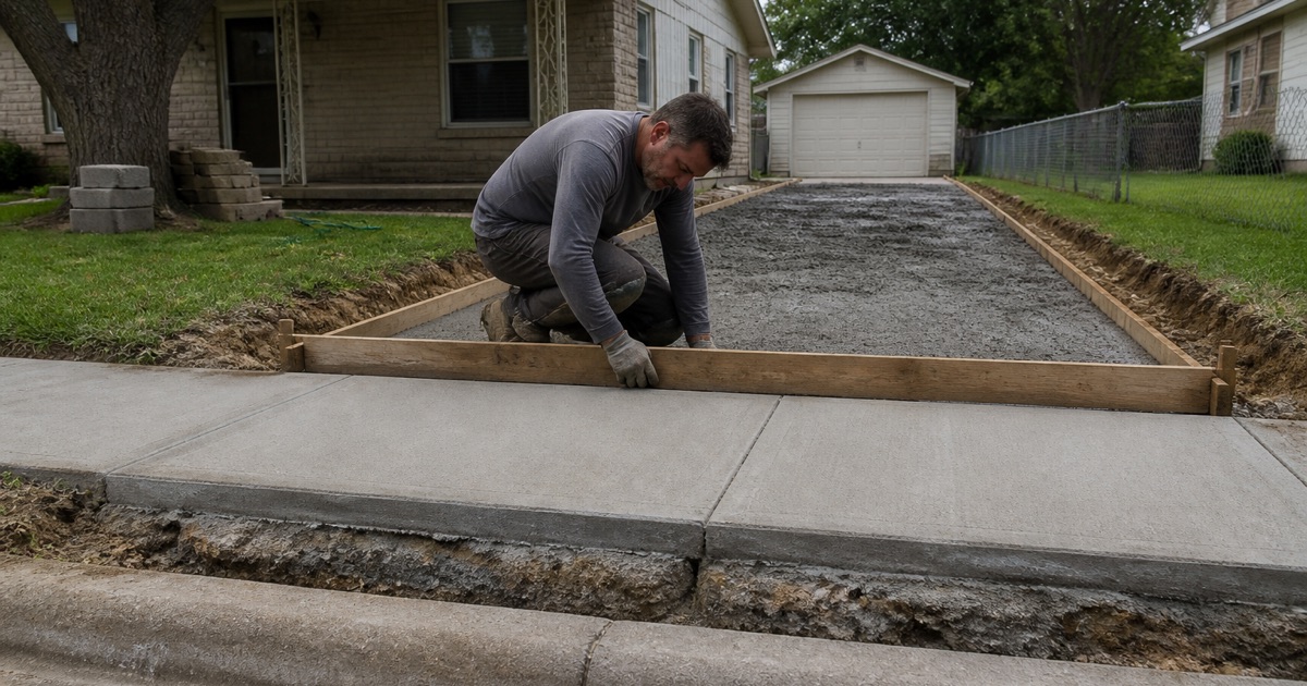A header board being set where a new concrete driveway crosses the public sidewalk in Austin, the sidewalk running on unbroken both ways.