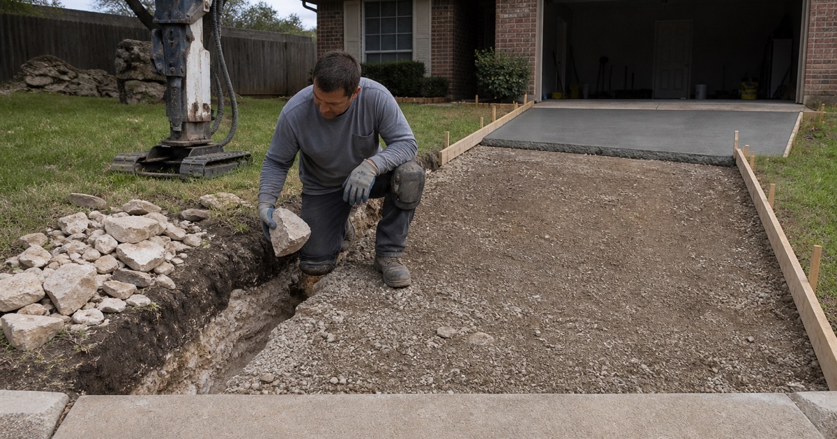 Limestone cobbles cleared from a footing trench at a Brushy Creek driveway, the formed drive and placed concrete beyond.