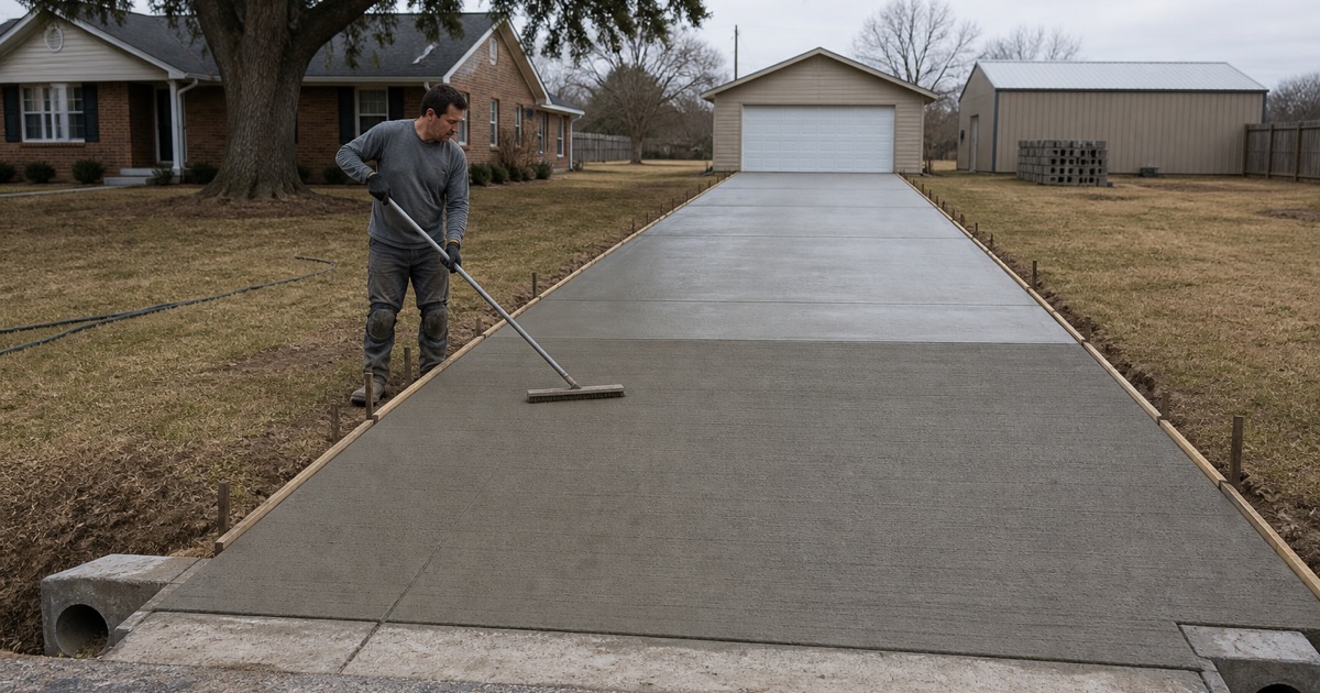 A long concrete driveway being broom finished on a large Burnet lot, the culvert crossing at the road end.