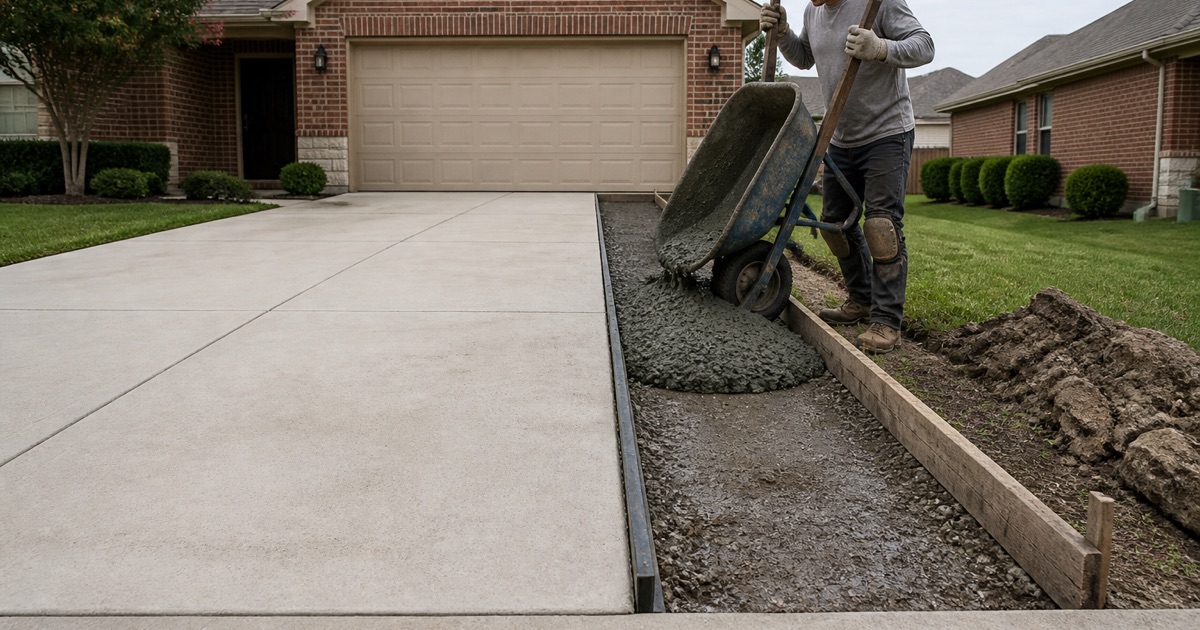Concrete being wheeled in to widen a shared driveway in a Georgetown age-restricted community, limestone showing in the trench alongside.