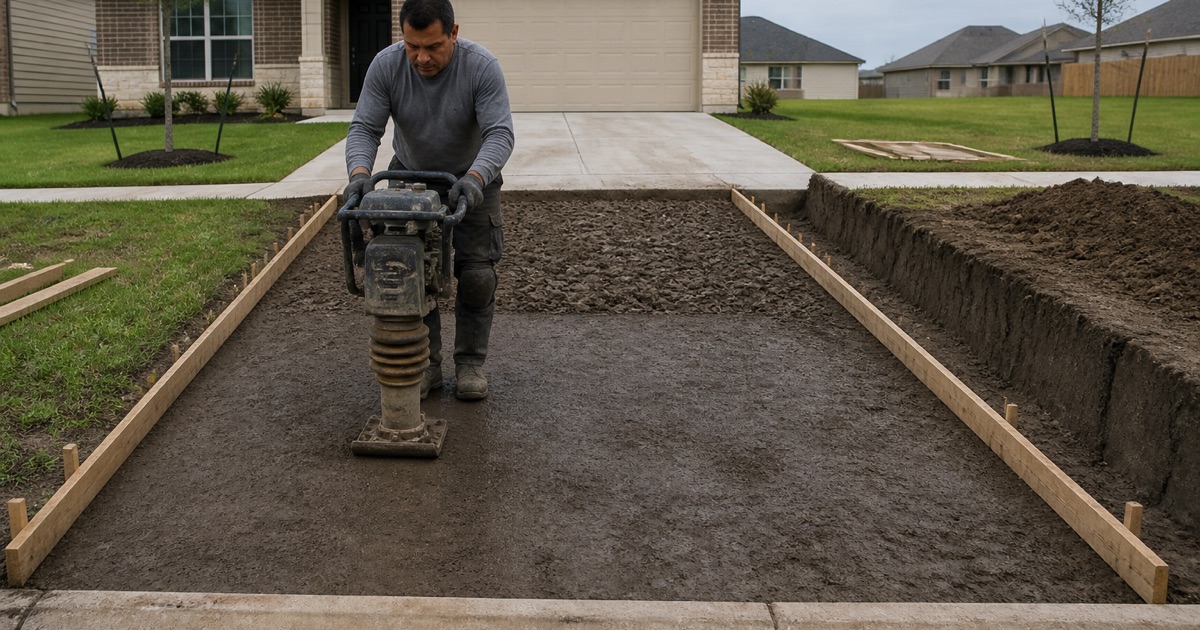 Subgrade being compacted with a rammer at a Hutto driveway, the deep clay face open alongside and no stone in it.
