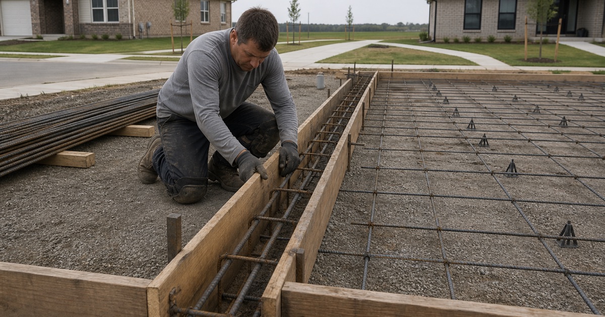 A grade beam cage tied and formed for a new slab at a Jarrell subdivision home.