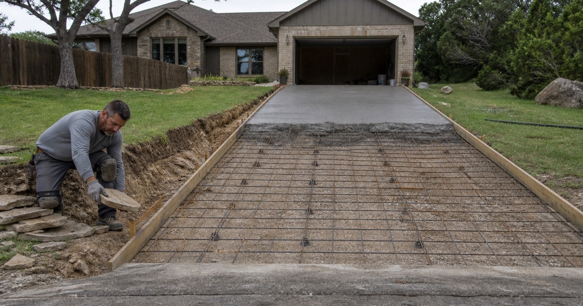 A concrete driveway being formed at a Lago Vista house, the approach meeting the street shoulder square.