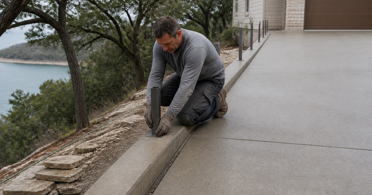 A handrail post sleeve being set into a raised concrete driveway edge in Lakeway, the curb running along the high side.