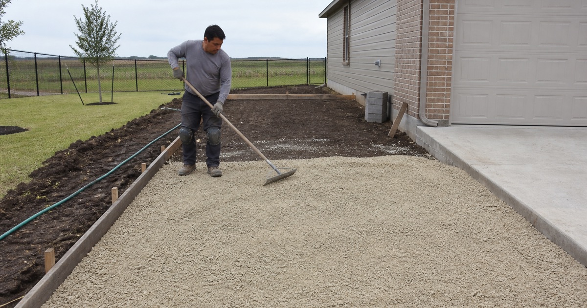 Flexible base being raked out over deep clay at a Manor slab pad, the clay cut open beside it with no stone in the spoil.