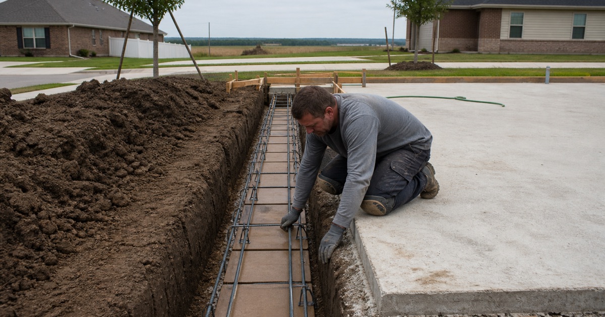Carton void forms being set in a grade beam trench in Pflugerville, the deep clay face showing behind them.