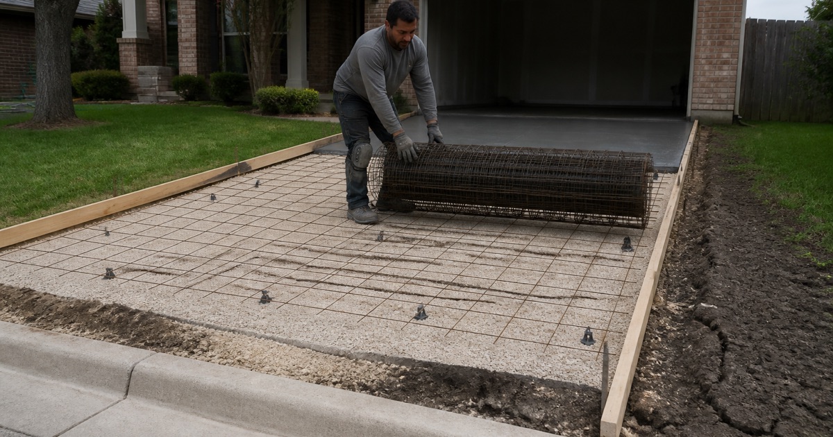 Welded wire reinforcement being rolled out over compacted base at a Round Rock driveway, the city curb and gutter beyond.
