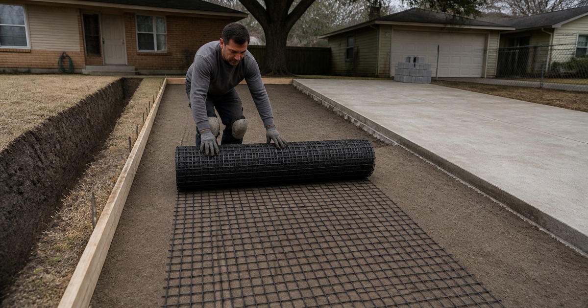 Geogrid being rolled out over deep clay subgrade at a Taylor slab, the clay face open alongside with no stone in it.