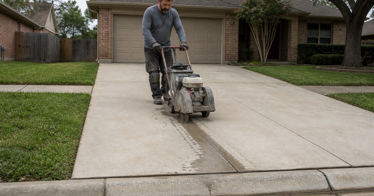 Control joints being saw cut into a cured concrete driveway at a Wells Branch home.