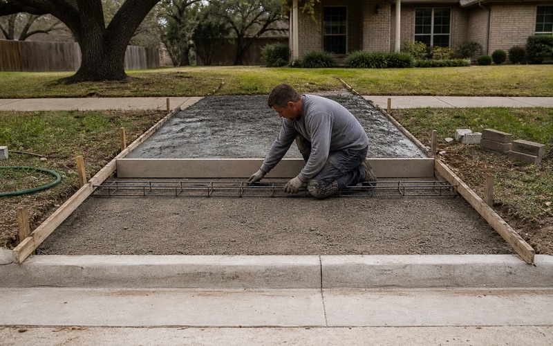 A dowel basket being set in the header of a concrete driveway approach in Leander, with the curb and gutter alongside.