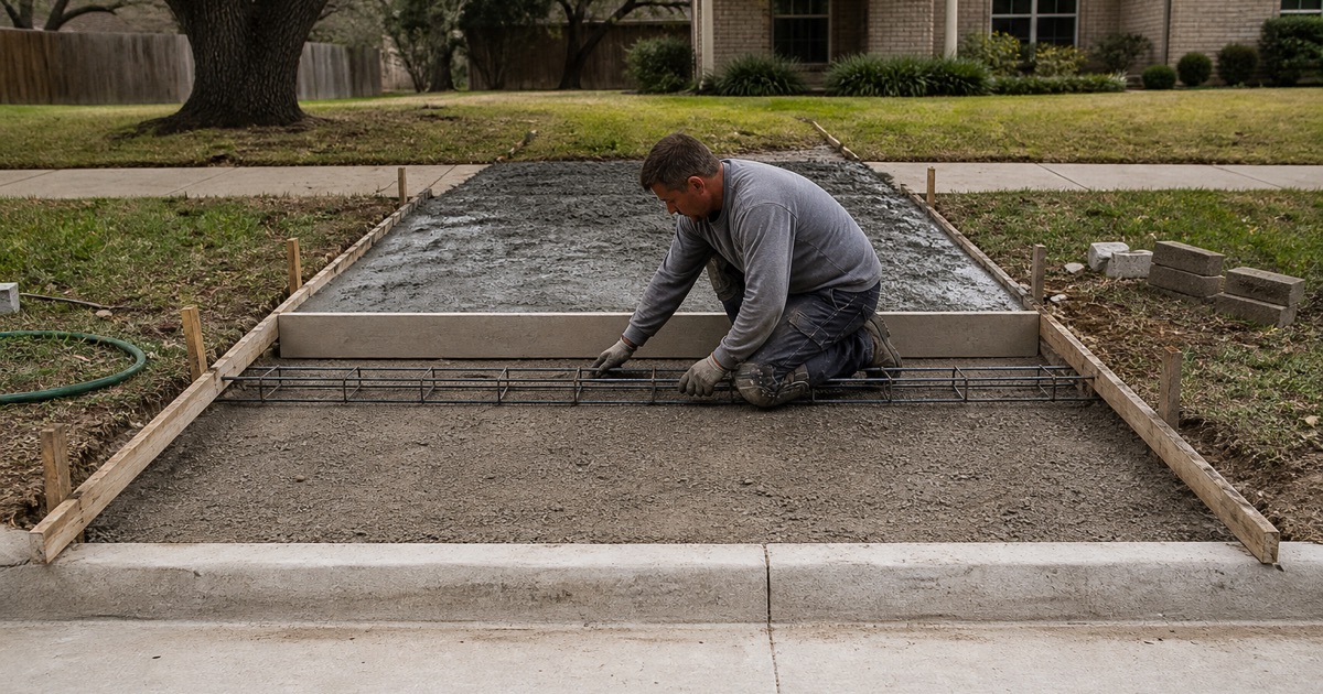 A dowel basket being set in the header of a concrete driveway approach in Leander, with the curb and gutter alongside.