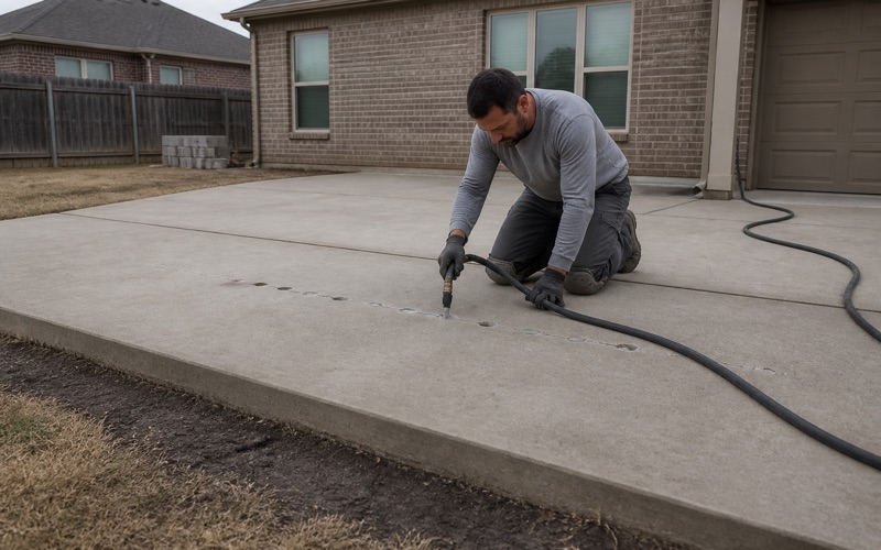 Foam being injected through a drilled port to lift a sunken concrete slab in Leander, the step across the joint still visible.