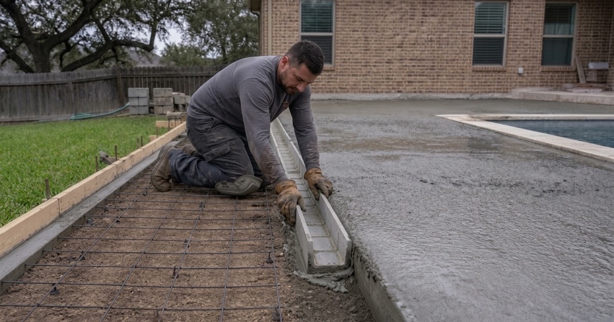 A trench drain channel being set into a new concrete pool deck in Leander, the coping and the placed deck concrete alongside.