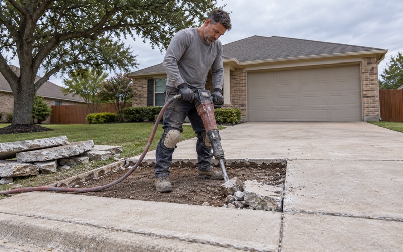 A failed section of concrete driveway being broken out with a hydraulic breaker in Leander, the four inch section and the subgrade showing under it.
