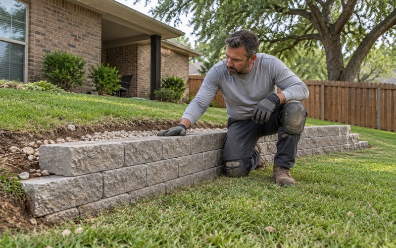 A segmental retaining wall going up course by course on a cast concrete leveling pad in Leander, drainage stone behind it.