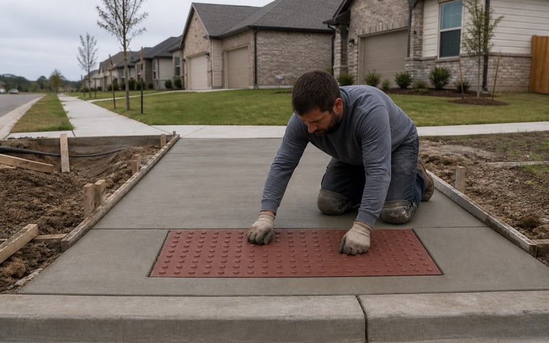 A detectable warning panel being set into a green concrete curb ramp landing in Leander.
