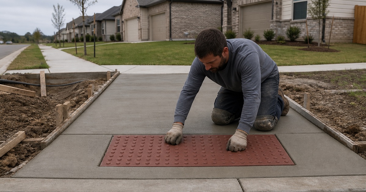 A detectable warning panel being set into a green concrete curb ramp landing in Leander.