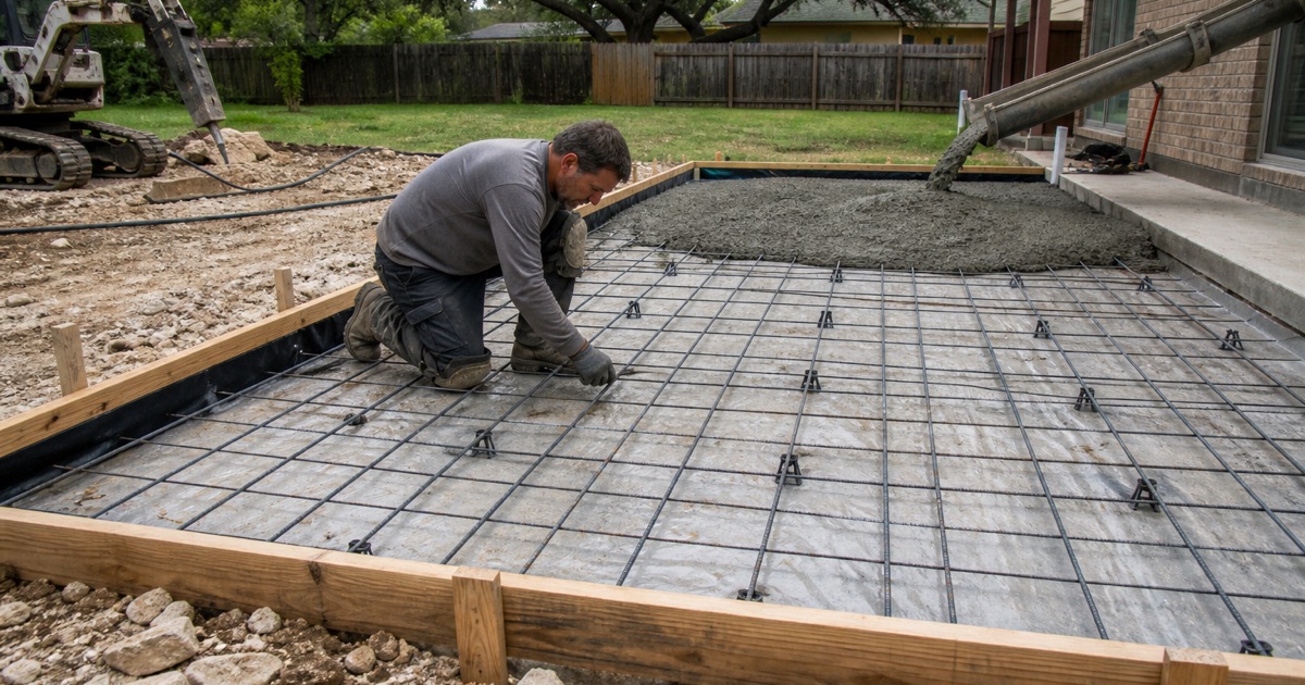 Reinforcing bar being seated on chairs over a compacted base course, with concrete discharging into the far end of the same formed slab.