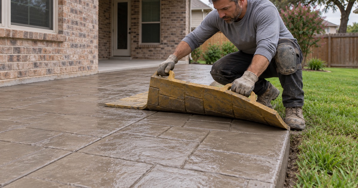A stamp mat being peeled back off green colored concrete on a Leander patio, the pattern showing behind it.
