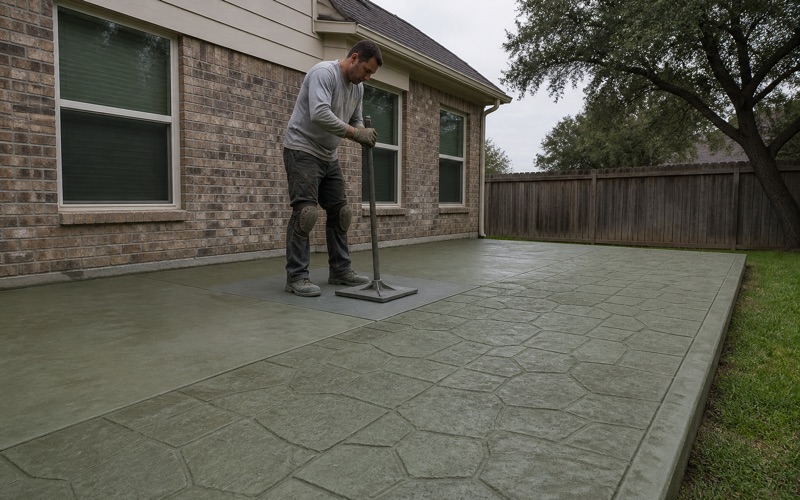 A stamp mat being tamped down into green colored concrete on a Leander patio, the pattern crisp behind it.